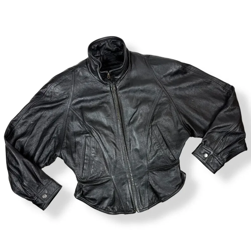 Vintage WILSONS LEATHER black batwing cropped corset motorcycle leather jacket - Picture 7 of 16